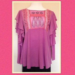 Free People Embroidered Ruffled Top